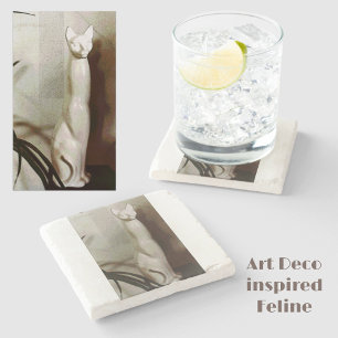 Cat Vintage Art Deco Feline Stylish Natural Stone Coaster