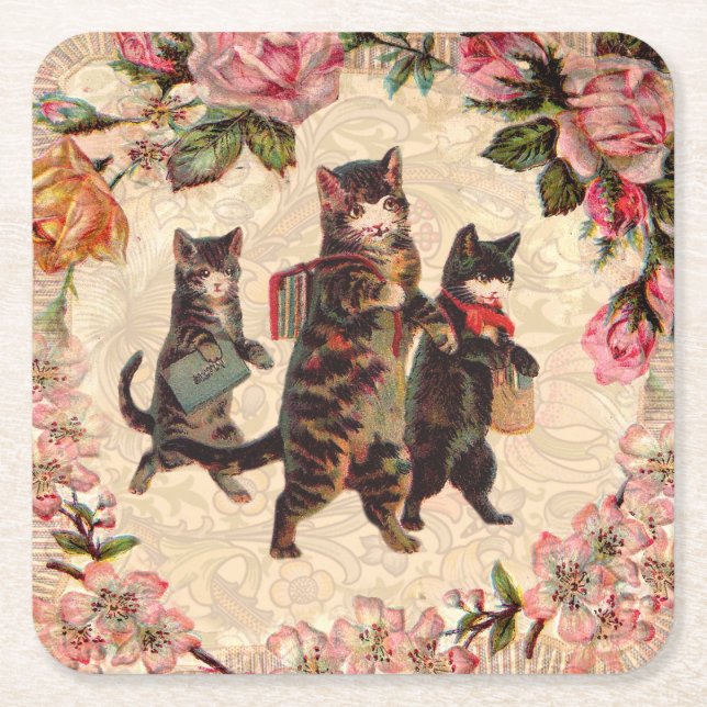 Cat Vintage Pretty Antique Kittens Square Paper Coaster (Front)