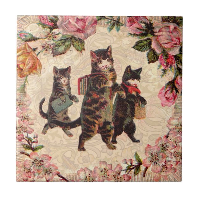 Cat Vintage Pretty Antique Kittens Tile (Front)