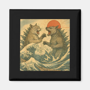 Cat Vs Dog Kaiju Monster Japanese Ukiyo-e Style Me Magnet