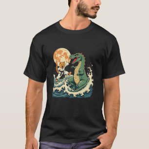 Cat Vs Monster Trex Dinosaur Japanese Great Wave K T-Shirt