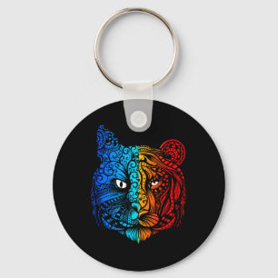 Cat vs Tiger Face Mandala Design Key Ring