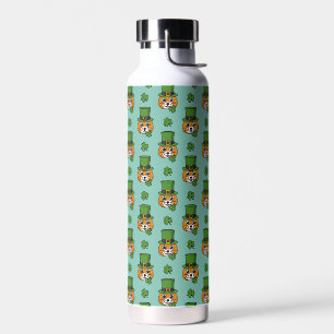 Cat w Green Hat and Shamrock St Patricks's Pattern Water Bottle