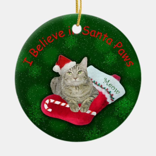 Cat Waiting for Santa Ceramic Tree Decoration (Front)