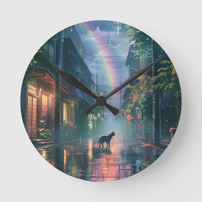 Cat walking in the rain round clock (Front)