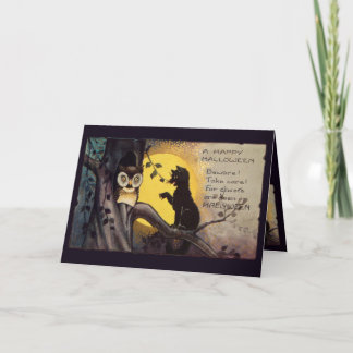Cat Warning Owl Halloween Greeting Card