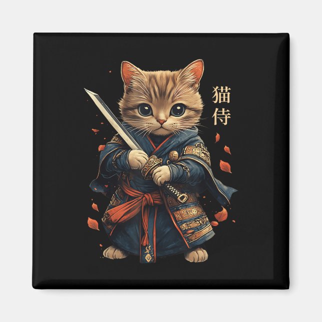 Cat Warrior Japanese Samurai Cat Tattoo Kawaii Nin Magnet (Front)