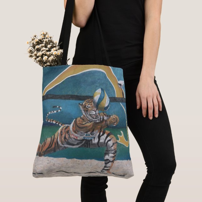 Cat Warrior Playing Beach Volleyball Graphic Tote Bag (Close Up)