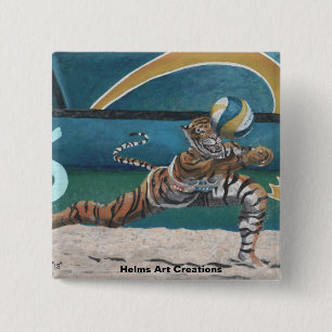 Cat Warrior Playing Volleyball Fantasy Art Button