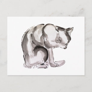 Cat washing sumie ink painting postcard