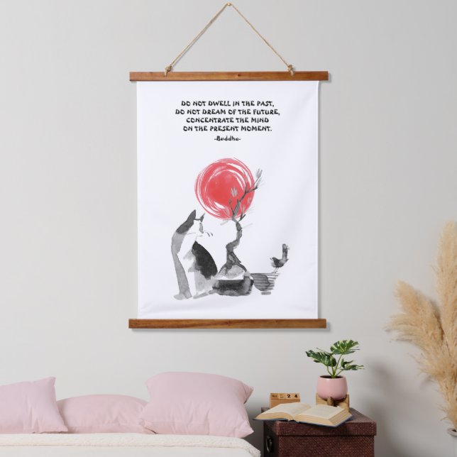 Cat watching bird and Buddha quote Hanging Tapestry (Bedroom)