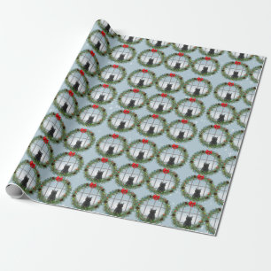 Cat Watching Birds Christmas Wreath Wrapping Paper