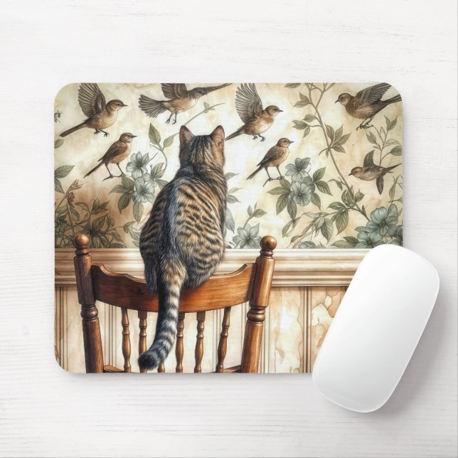 Cat Watching Birds On Wallpaper Mouse Pad (With Mouse)