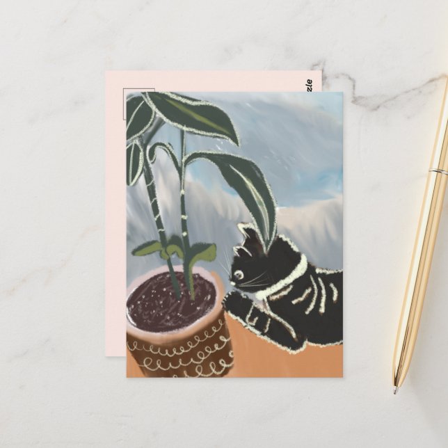 Cat Watching House Plants Postcard (Front/Back In Situ)