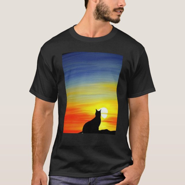 Cat Watching Sunset scene Black Cat Sunset  3 T-Shirt (Front)