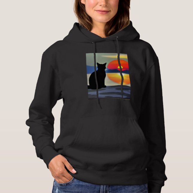 Cat Watching Sunset scene Black Cat Sunset Hoodie (Front)