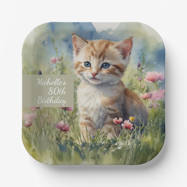 Cat Watercolor Flowers 80th Birthday Paper Plate (Front)