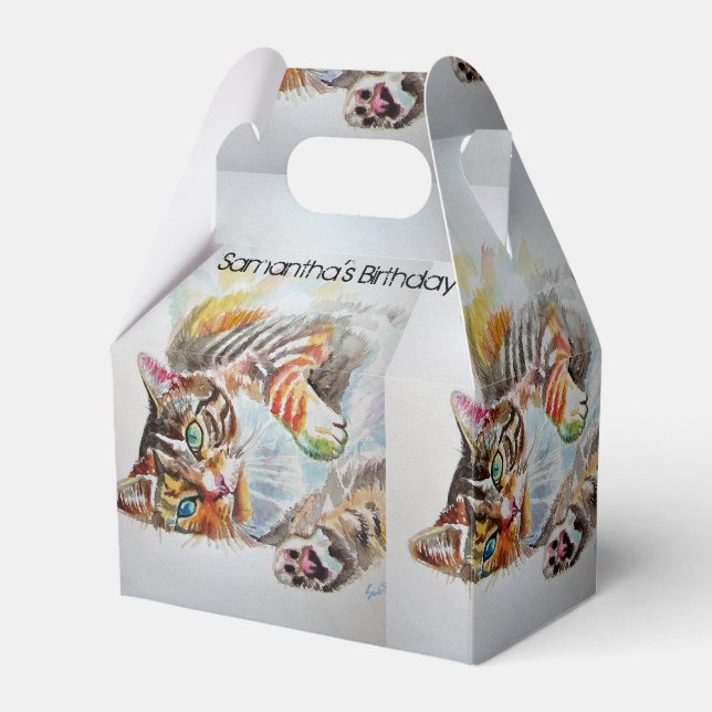 Cat Watercolour Birthday Party Cake Favor Box (Front Side)