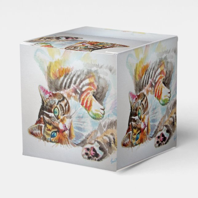 Cat Watercolour Birthday Party Cake Favour Box (Front Side)