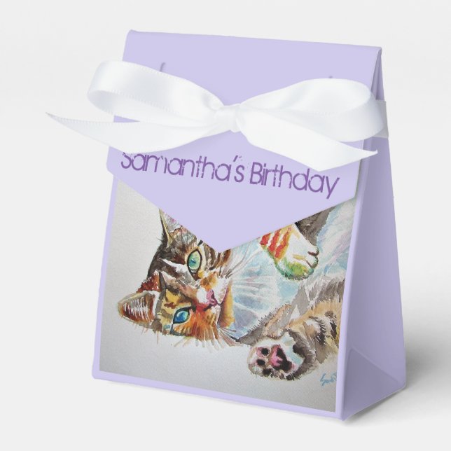 Cat Watercolour Birthday Party Cake Favour Box (Front Side)