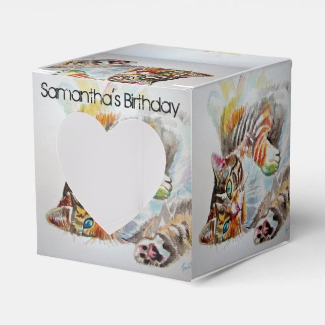 Cat Watercolour Birthday Party Cake Favour Box (Front Side)