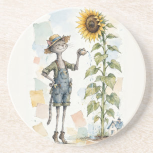 Cat Watering Giant Sunflower Coaster