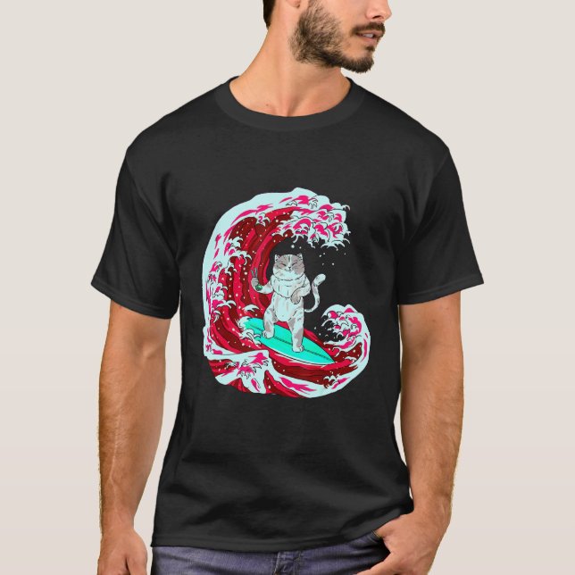 Cat Wave Surf And Eating Sushi T-Shirt (Front)