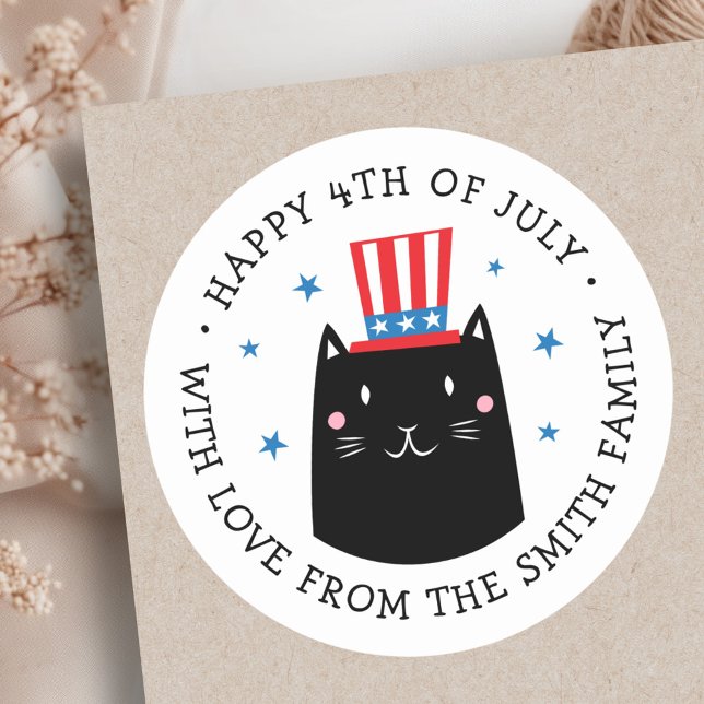 Cat wearing a patriotic hat 4th of July Classic Round Sticker (Cat wearing a patriotic hat 4th of July Classic Round Sticker)