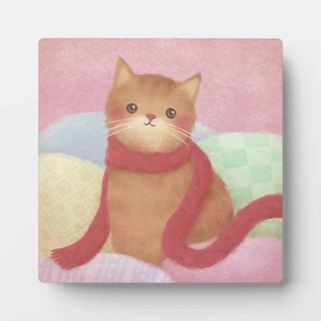 Cat Wearing A Red Scarf Illustration Plaque (Front)