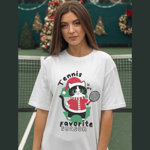 Cat wearing Christmas hat with tennis racket T-Shirt
