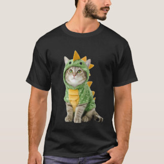 Cat Wearing Dino Dinosaur Costume Funny Halloween T-Shirt