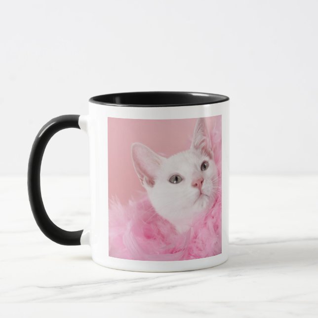 Cat wearing feather boa mug (Left)