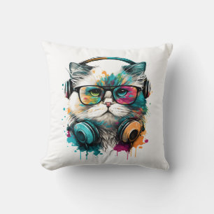 Cat Wearing Glasses and Headset Cushion