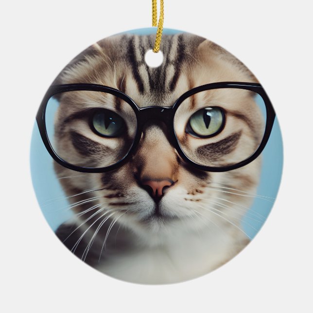Cat Wearing Glasses Ceramic Tree Decoration (Front)