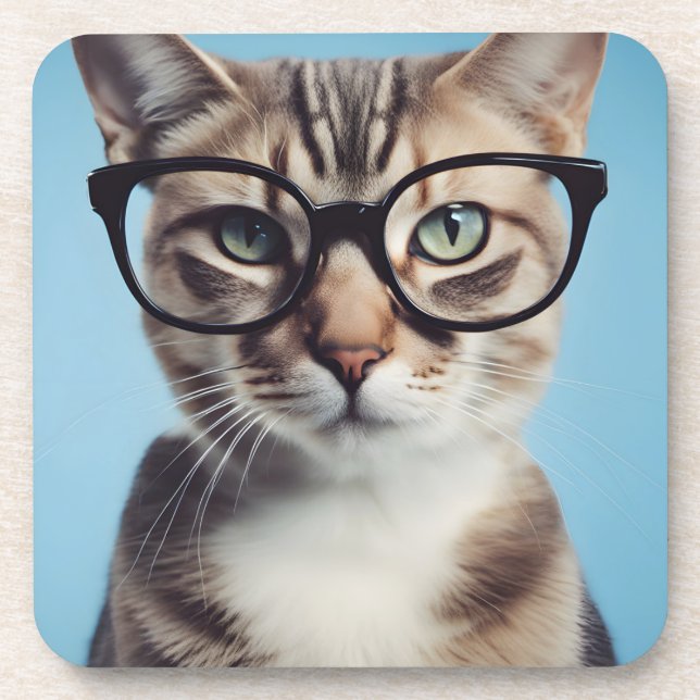 Cat Wearing Glasses Coaster (Front)