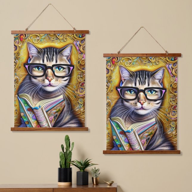 Cat Wearing Glasses Holding a Book Artwork Hanging Tapestry (Asymmetrical)