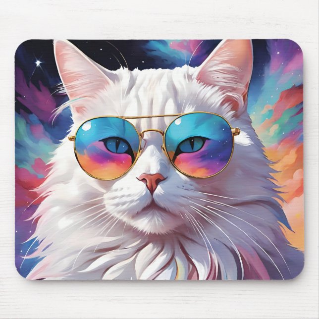 Cat wearing glasses in space mouse pad (Front)