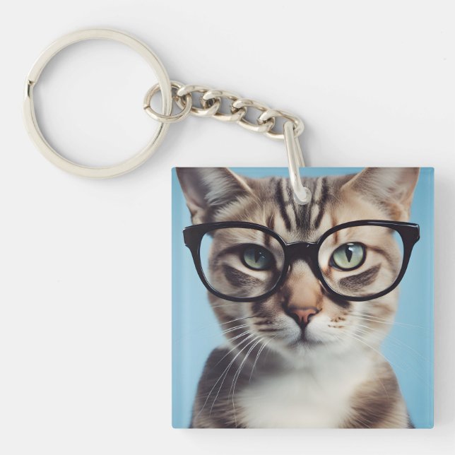 Cat Wearing Glasses Key Ring (Front)