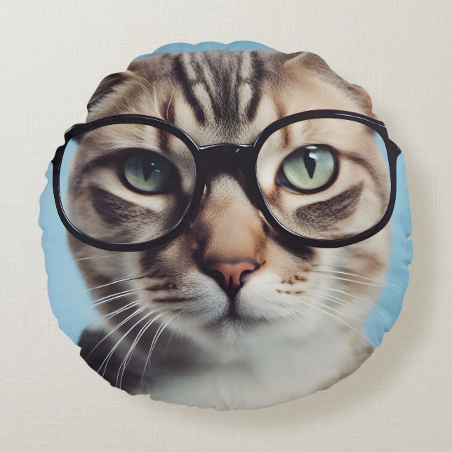 Cat Wearing Glasses Round Cushion (Front)