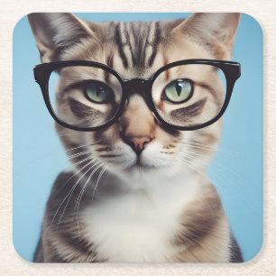 Cat Wearing Glasses Square Paper Coaster