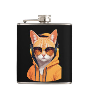 Cat Wearing Hoodie Funny Cool Animal Character Art Hip Flask