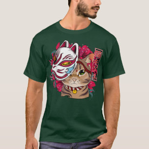 Cat Wearing Kitsune Mask Kawaii Anime Cat Japanese T-Shirt
