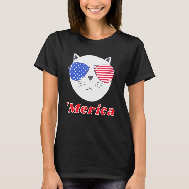 Cat Wearing Merica Sunglasses 4th Of July American T-Shirt (Front)