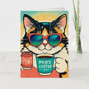 Cat wearing oversized sunglasses, holding a coffee foil greeting card