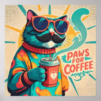 Cat wearing oversized sunglasses, holding a coffee