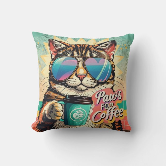 Cat wearing oversized sunglasses with coffee cushion (Front)