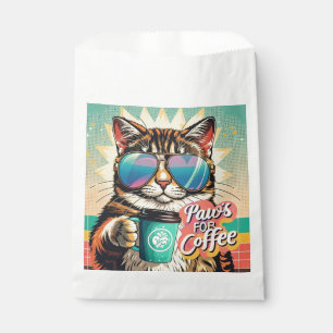 Cat wearing oversized sunglasses with coffee favour bags
