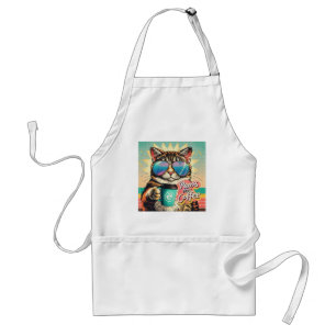 Cat wearing oversized sunglasses with coffee standard apron