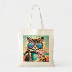 Cat wearing oversized sunglasses with coffee tote bag