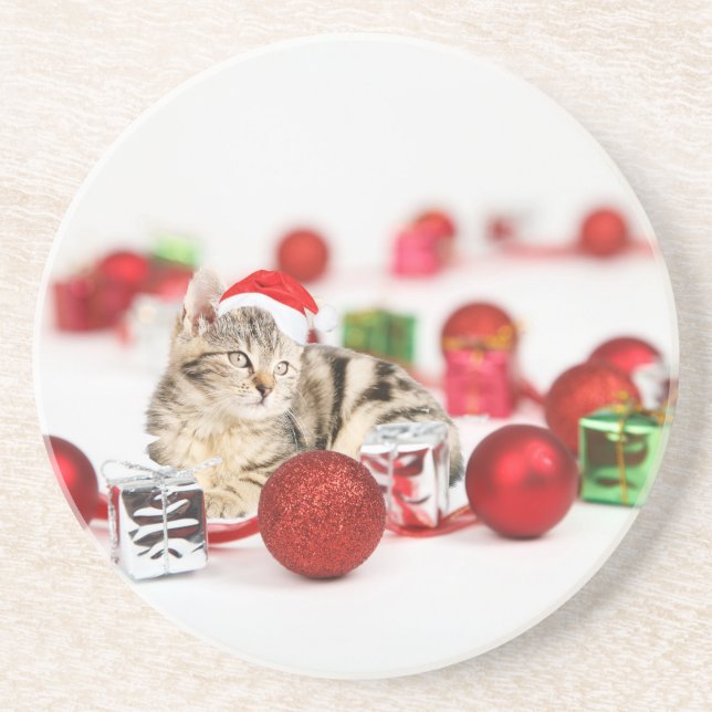 Cat wearing red Santa hat Christmas Ornament Coaster (Front)